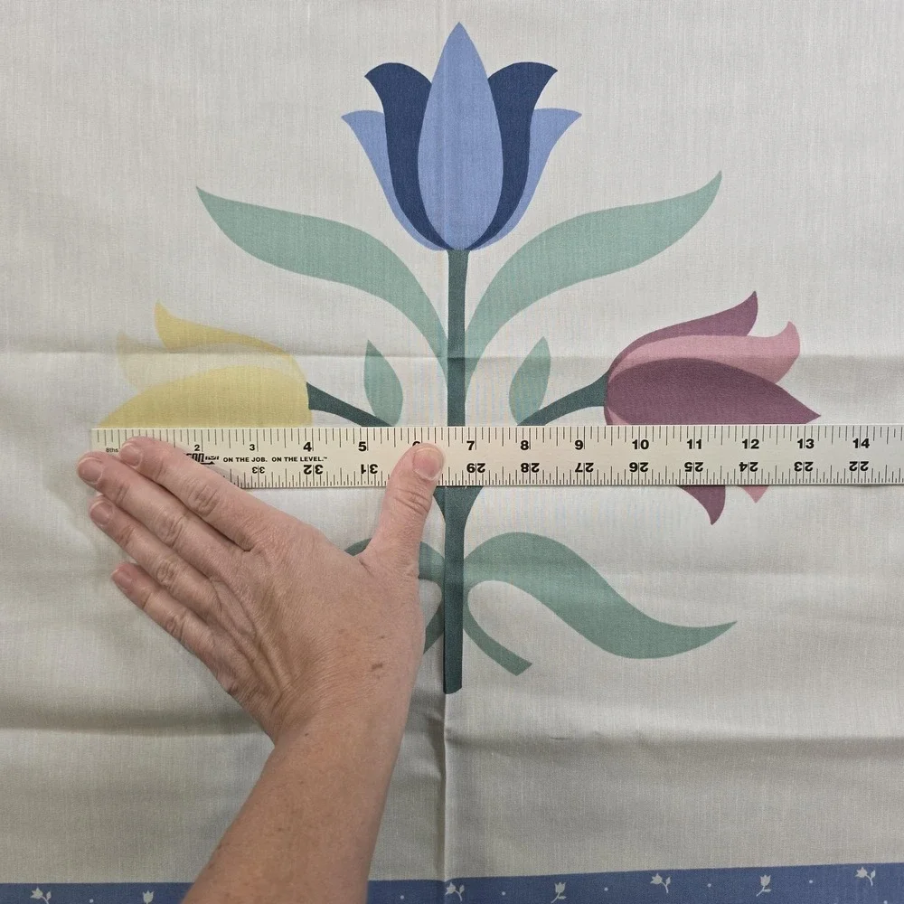 Vintage Cheater Quilt Fabric Panel Tulip Floral Cotton Quilt Blue Border Pastel